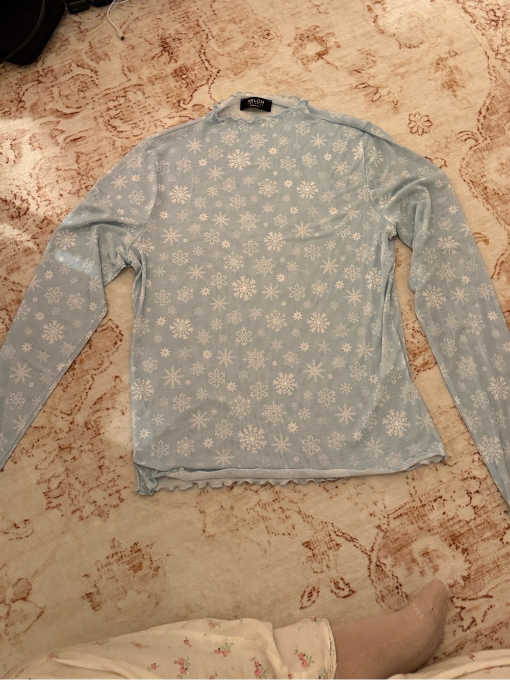 Light Blue Snowflake Long Sleeve Sheer Top